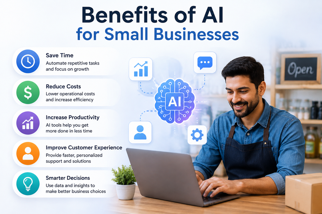 Benefits of AI for small businesses, including time savings, cost reduction, increased productivity, improved customer experience, and smarter decisions